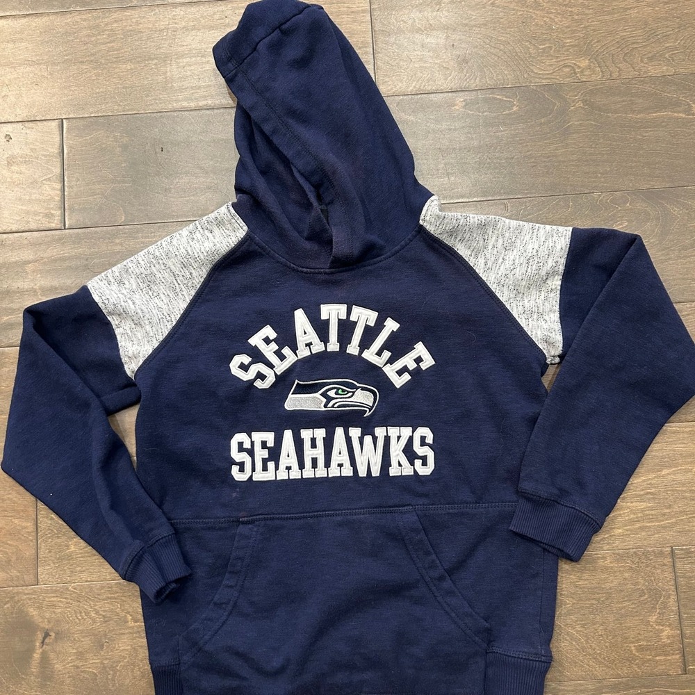 Seattle‎ Seahawks Kids Navy Blue Gray Raglan Pullover Hoodie Sweatshirt NFL S